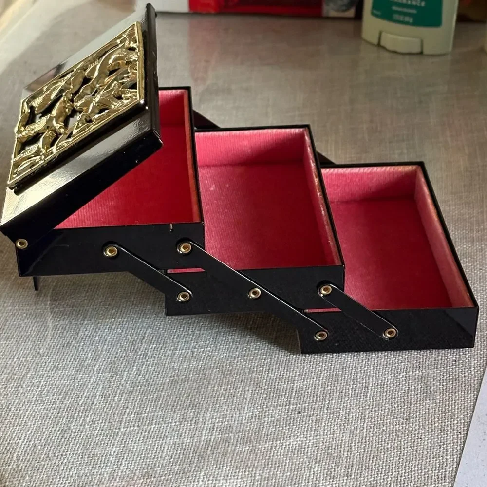 Vintage 3 Tiered Metal Trinket Japanese Jewelry Box Small